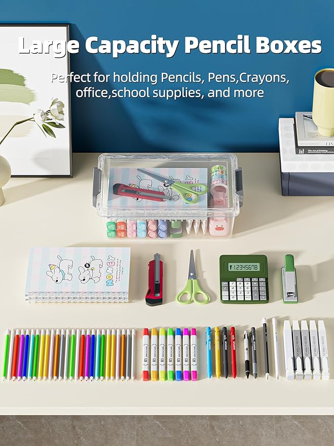 BiuLeon 4 Pack Extra Large Pencil Box, Plastic Pencil Case Organizer, Clear Crayon Box Marker Organizer, Stackable Craft Organizers and Storage for Pen, Craft, Art Supply(Pink)