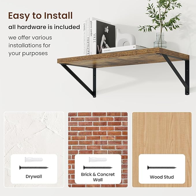 Axeman Deep Floating Shelves | 20 Inch Brown Wall Shelves Set of 2 | 10 Inch Deep Rustic Wood Shelves for Wall | 20'' W x 10''D Brown Shelves for Living Room Bathroom Kitchen