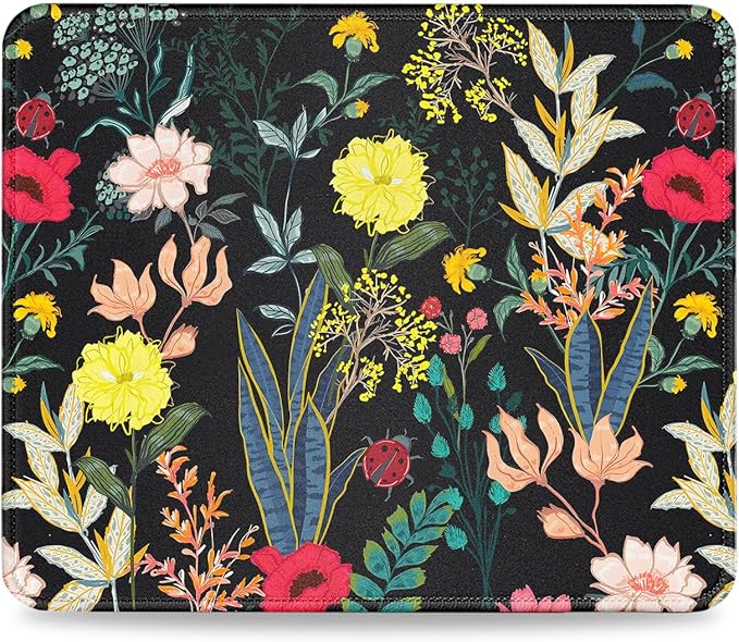 JIKIOU Mouse Pad with Non-Slip Rubber Base, Premium-Textured & Washable Computer Mousepad with Stitched Edges, Mouse Pads for Computers, Laptop, Gaming, Office & Home,10.2x8.3in Black Flowers