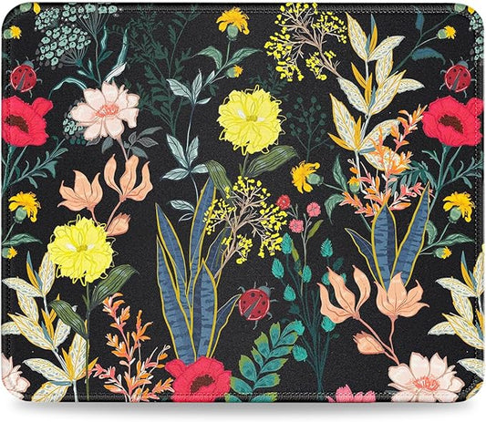 JIKIOU Mouse Pad with Non-Slip Rubber Base, Premium-Textured & Washable Computer Mousepad with Stitched Edges, Mouse Pads for Computers, Laptop, Gaming, Office & Home,10.2x8.3in Black Flowers