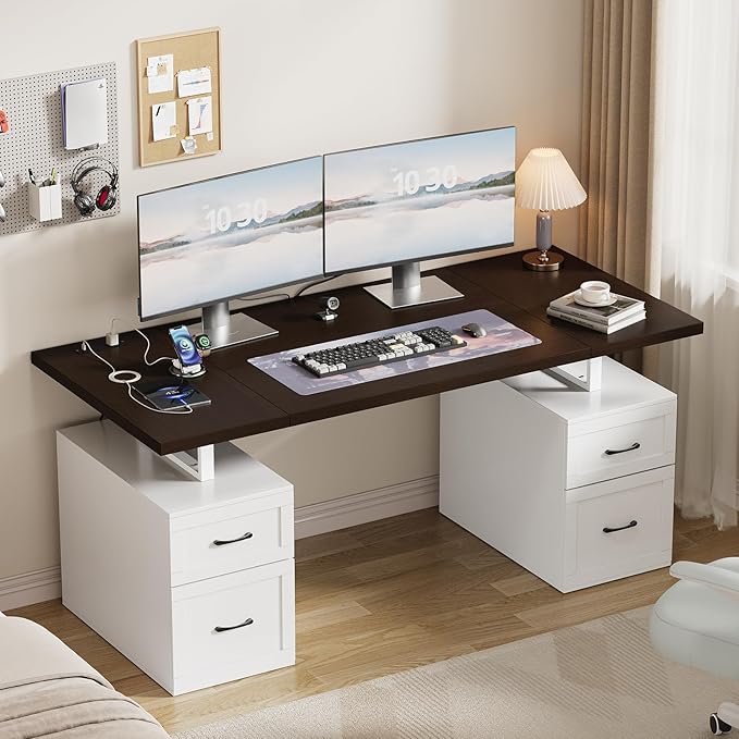 Farmhouse Desk with Drawers & Power Outlet, White Home Office Desk with File Organizer, 71" Executive Desk with Storage, Computer Desk with Privacy Panel