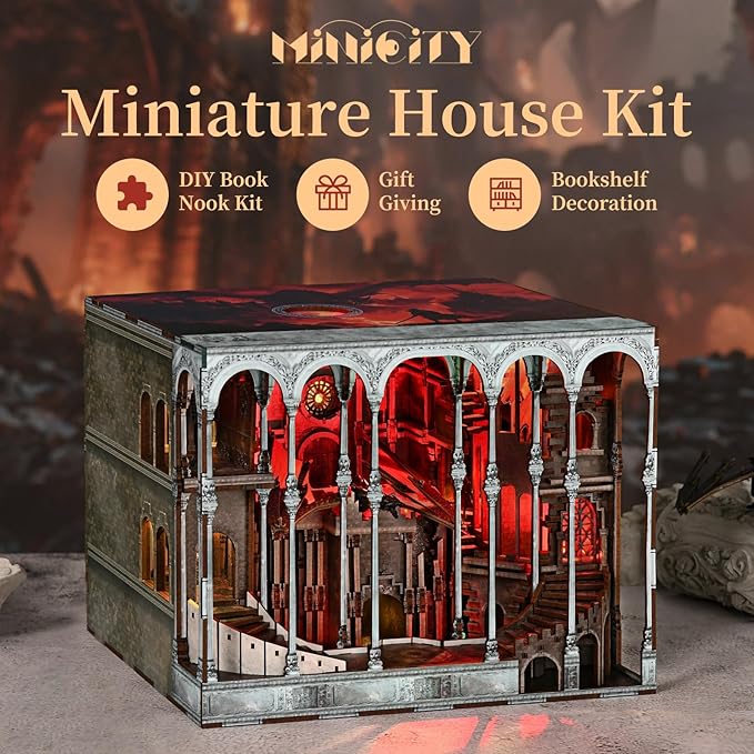 MiniCity Book Nook Kit, DIY Miniature House Kit for Adults, Teens and Beginners, Dollhouse Booknook Library Tiny House Bookshelf Decor 3D Wooden Puzzle, Gifts for Family, Friends (Ember Castle)