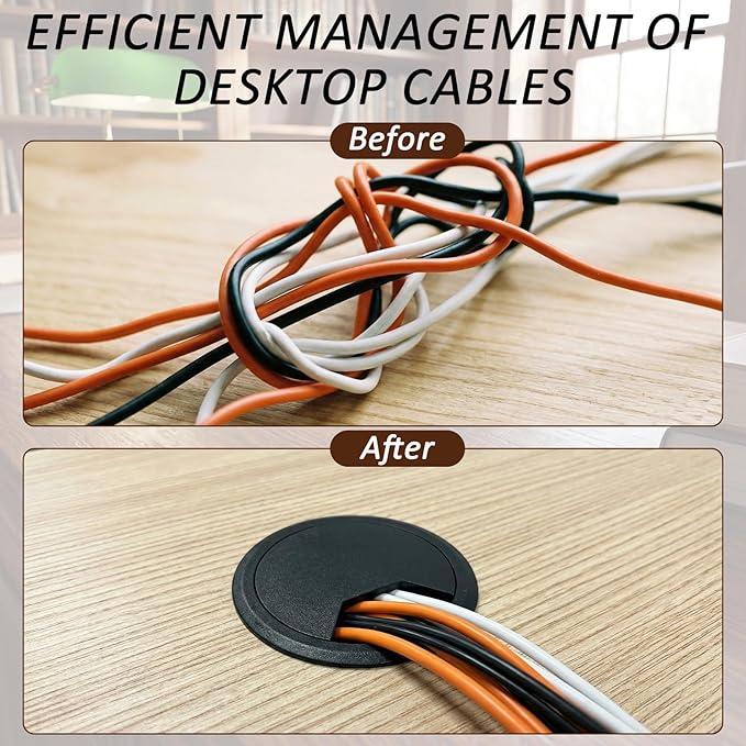 SATINIOR 10 Packs Desk Wire Cord Cable Grommets Cover Plastic PC Desk Cord Organizer Plastic Grommet Hole Cover for Arranging Managing and Hiding Office PC Desktop Cable(1.5 Inch, Black)