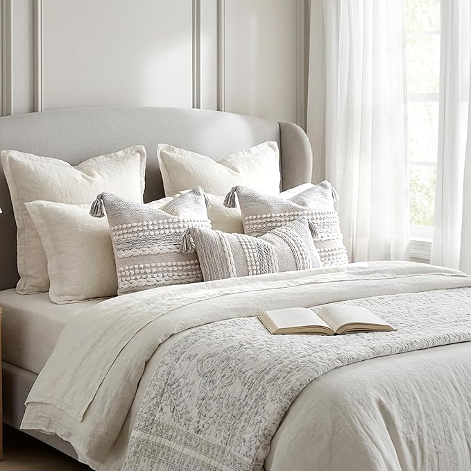 BlissBlush Gray Decorative Lumbar Pillow Cover 14x24, Boho Accent Throw Pillow Case for Couch Sofa Bed, Modern Farmhouse Textured Lumbar Cushion Bedroom Living Room, Cover ONLY