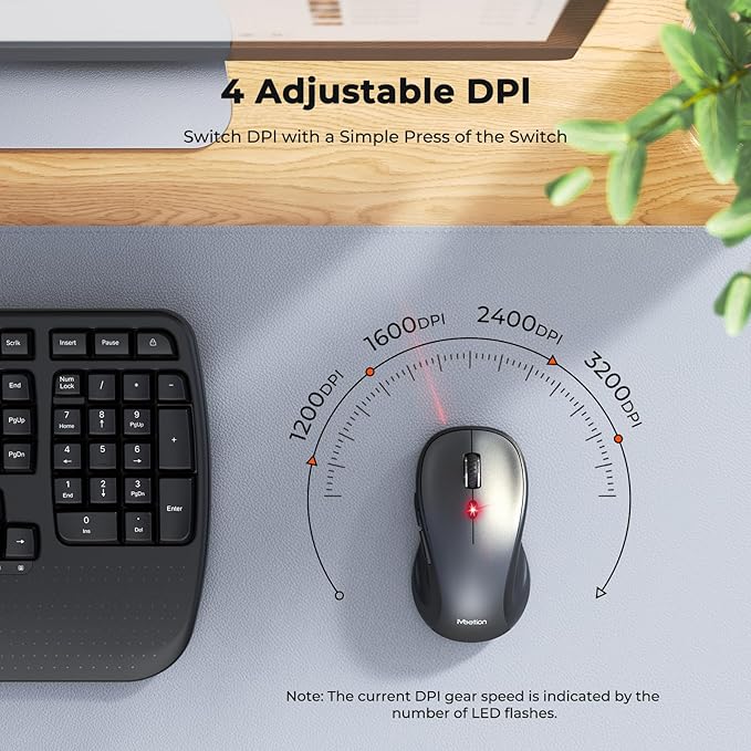 MEETION Ergonomic Keyboard and Mouse, Wave Keys Natural Typing, 2.4G USB Receiver Wireless Keyboard with Wrist Rest, 4 Adjustable DPI Optical Mouse, Computer/Laptop/Windows/Mac, Black