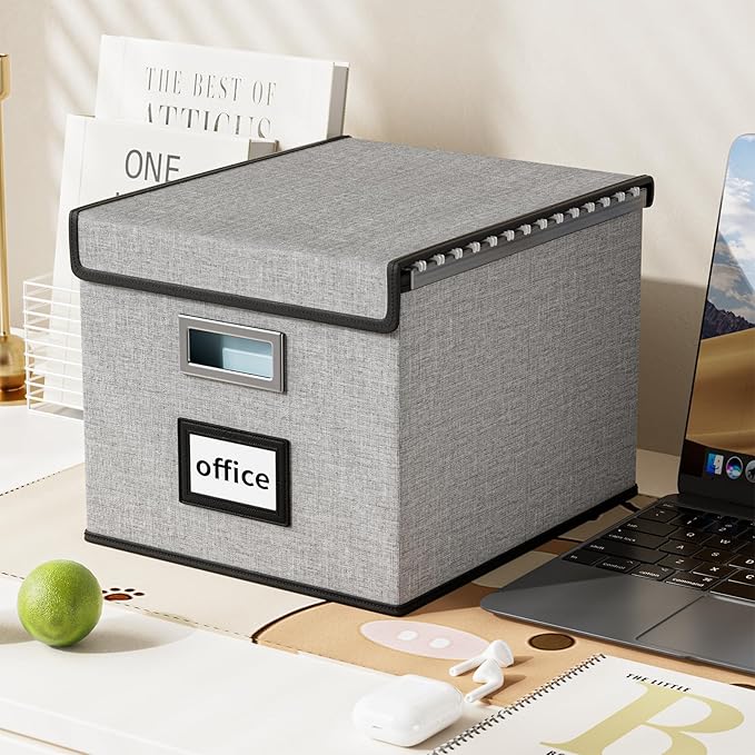 Portable File Organizer Boxes Set of 4, Large Linen Hanging Office Document Storage Boxes with Lids, Collapsible Filing & Storage Boxes for Office/Decor/Home - 14.9 x 12.7 x 10.8 inch