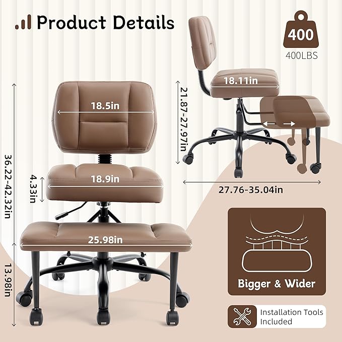 Ergonomic Criss Cross Legged Office Chair, ADHD Chair, 360° Swivel Meditation Kneeling Chair with Wheels, Adjustable Footrest, Bigger & Wider Height Adjustable Seat, Strong Lumbar Support, Brown PU