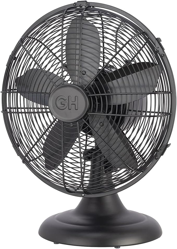 Good Housekeeping 92603 All-Metal 12" Retro Desk Office Table Fan with Wide Oscillation, 3-Speed Settings & Carrying Handle, Matte Black