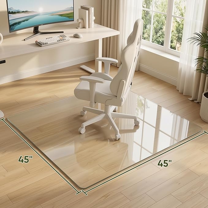 Tempered Glass Chair Mat for Hardwood Floor, 45" x 45" Heavy Duty Glass Office Chair Mat, for Low Pile Carpet, 0.2" Thick with 4 Non-Slip Pads, Smooth Rolling for Home & Office