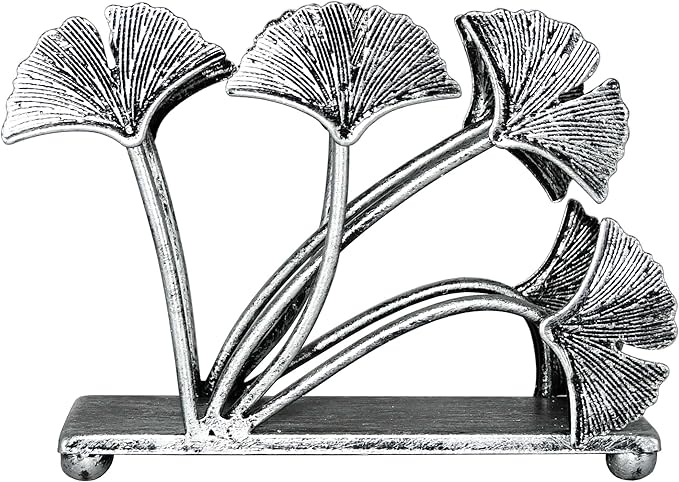 OwlGift Modern Ginkgo Leaves Design Napkin Holder for Tables, Metal Paper Napkin Storage for Kitchen, Stylish Paper Towel Dispenser, Mail Letter Sorter Rack, Document File Organizer – Silver