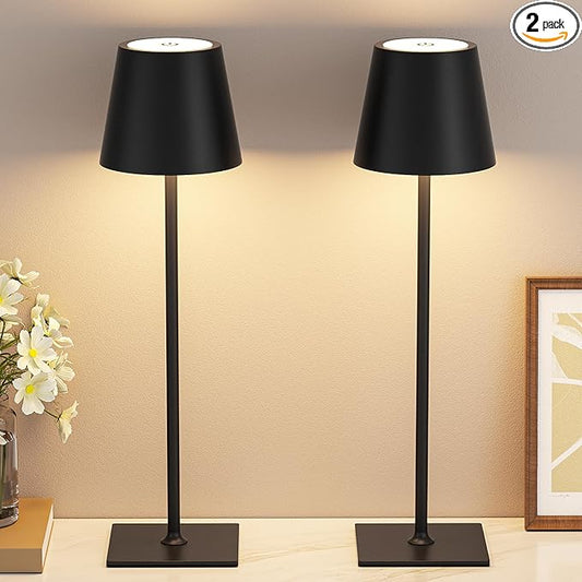Kakanuo Cordless Rechargeable Table Lamp Black 5000mAh Battery Operated Lamps, 3 Colors Stepless Dimming Touch Lamp for Living Room, Kitchen Counter, Dining, Outdoor Patio, 2 Pack
