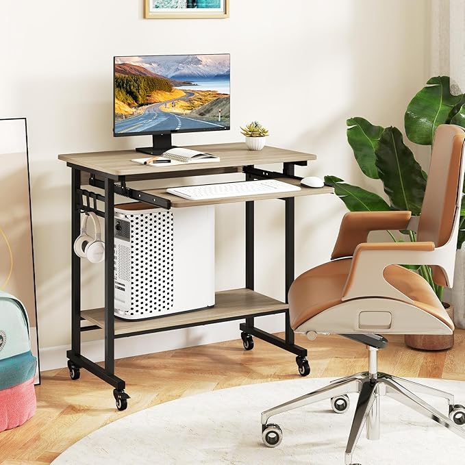 Giantex Rolling Computer Desk, Mobile Desk with Keyboard Tray & Wheels, Portable Laptop PC Table Cart with Shelf & Hooks, Small Desk for Small Spaces, Bedroom, Apartment (Grey Oak)