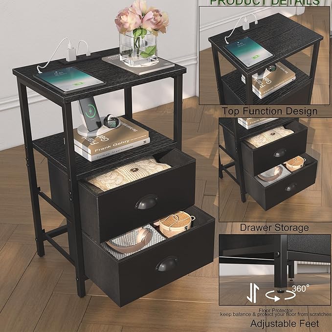 sthmec Nightstand with Charging Station, Night Stand with 2 Fabric Drawers PU Finish, Bedside Table End Table with LED Light, 3-Tier Storage Side Table Nightstand with Drawers for Bedroom,Black