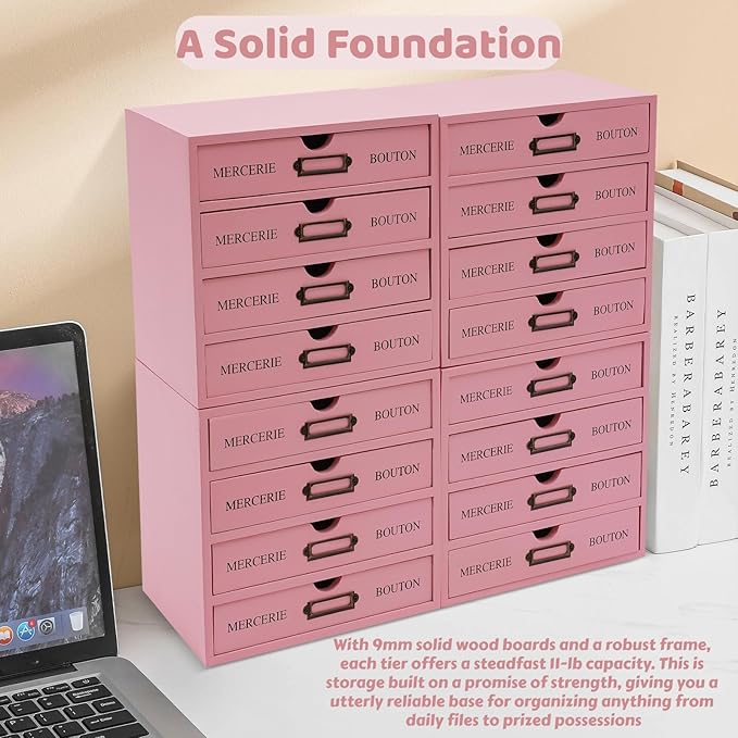 16-Drawer Wooden Desk Organizer Storage Box with Label Holders Vintage Wood Desktop Organizer, Desk Drawer Unit Collectors Box for Living Rooms, Bedrooms, Offices (Pink, 4PCS, 16 Drawers)
