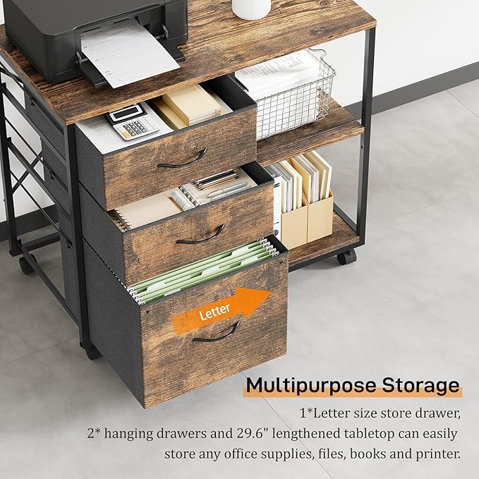 VINGLI 3 Drawer File Cabinet with Wheels Under Desk Printer Stand, Rolling File Cabinet with Shelves Adjustable, Mobile Lateral Filing Cabinet for Home Office, Fits Letter Size, Rustic Brown