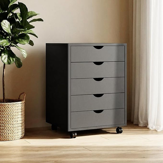 5 Drawer Mobile File Cabinet Under Desk Storage Organization with Wheels Vertical Filing Chest Rolling Wood Small Desk Printer Stand for Home Office, Black