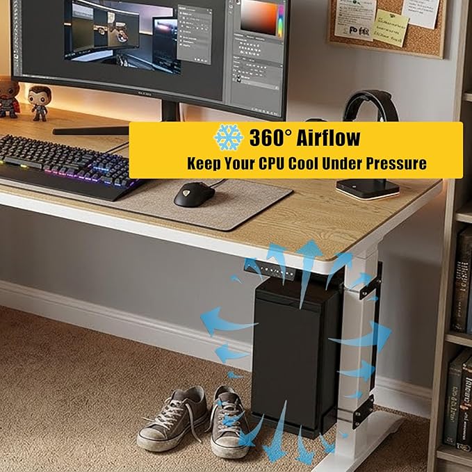 Under Desk PC Mount for Standing Desk, Universal Clamp-On PC Under Desk Mount with 10PCS Adhesive Cable Clip, No Drilling Heavy Duty Adjustable Computer Case CPU Holder Fits Most Towers, Up to 44Lbs