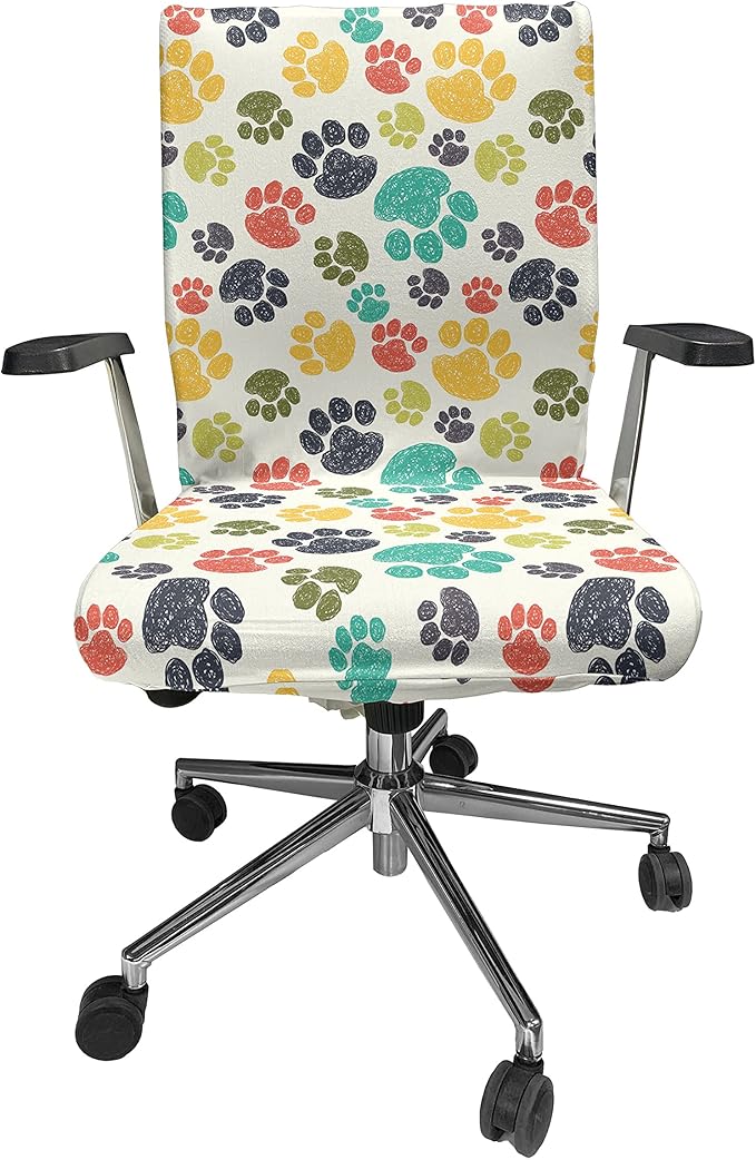 Ambesonne Dog Lover Office Chair Cover, Hand Drawn Paw Print Doodles Circular Pattern Drawing Style Animal, Stretchable Decorative Universal Size High Back Printed Slipcover, Charcoal Beige