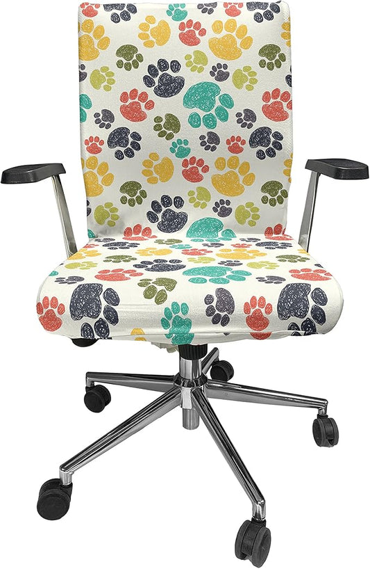 Ambesonne Dog Lover Office Chair Cover, Hand Drawn Paw Print Doodles Circular Pattern Drawing Style Animal, Stretchable Decorative Universal Size High Back Printed Slipcover, Charcoal Beige