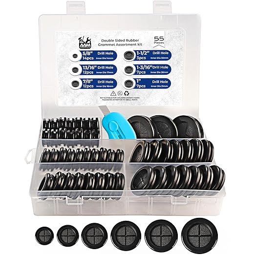 55Pcs Double-Sided Rubber Grommets kit in 6 Assorted Sizes 5/8",13/16",7/8",1",1-3/16",1-1/2"- Round & Waterproof Rubber Grommet - Ideal Solution for Wire Protection