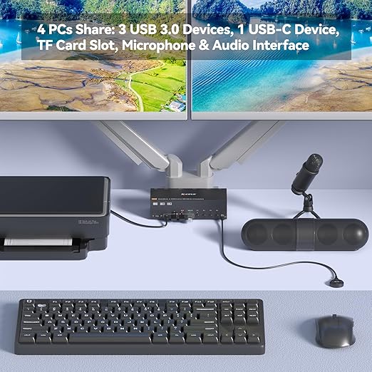 KVM Switch 4 Monitors 4 Computers HDMI + DisplayPort, KCEVE DP KVM Switcher, 8K@30Hz/4k@144Hz for 4 PC Share 4 Display and 4 USB 3.0 Devices