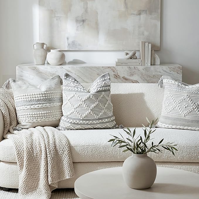 BlissBlush Gray White Decorative Throw Pillow Cover 20X20, Boho Accent Pillow for Couch, Square Modern Farmhouse Pillowcase for Living Room Couch Sofa Cushion Home Décor (Pack of 1)