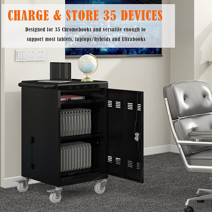 36-Bay Mobile Laptop Cart & Chromebook Charging Station - Heavy-Duty Locking Cabinet for 17" Screens, Laptop Storage Rack for Multiple Laptops/Tablet, Ideal for Schools, Offices, Hospitals (Black)