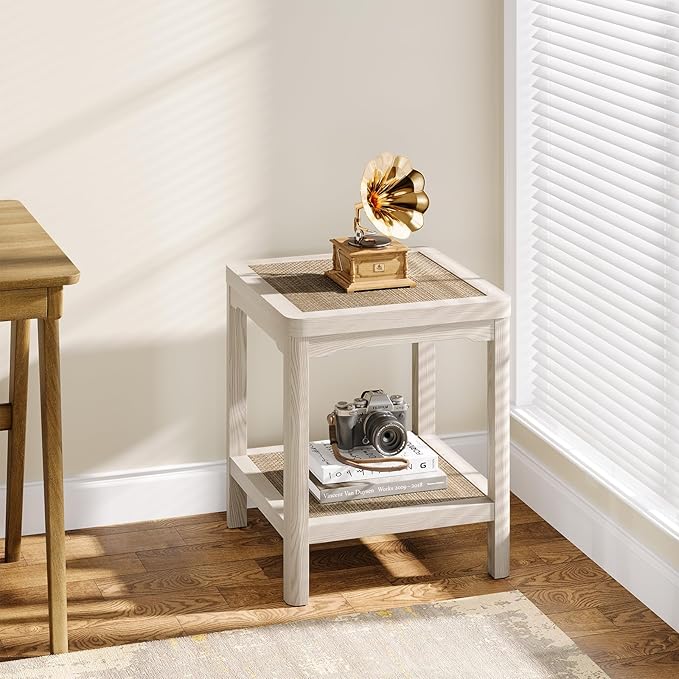 Eclatara Rattan End Table, Farmhouse Square Nightstand for Bedroom, Accent Side Table wtih Protective Round Edge and Ultra-Thick Stable Legs, Creamy White