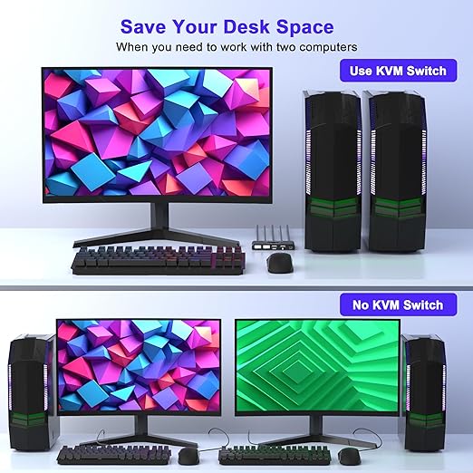 KVM Switch for 1 Monitor 2 Computers, 4K@60Hz HDMI KVM Switcher, HDMI USB Hub Switches for PC/Mac Pro/Laptop, Plug and Play, Share Keyboard Mouse Printer, with 2 USB Cables and 2 HDMI Cables
