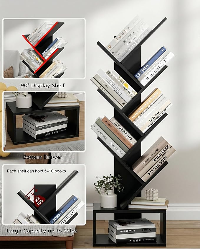 XBurmo 6 Tier Tree Book Shelf - Small Bookshelf Decor, Corner Bookshelf, Living Room Storage, Tall Narrow DVD & CD Shelf Storage Bookshelves, Comic Bookcases Standing for Bedroom or Office, Black