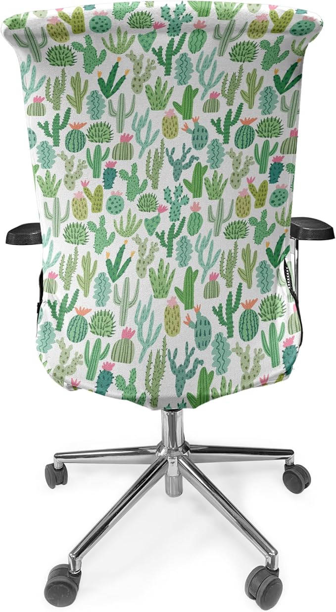 Ambesonne Cactus Office Chair Cover, Continuous Cacti Plants Mexican Theme Sketch Illustration on Plain Backdrop, Stretchable Decorative Universal Size High Back Printed Slipcover, White Seafoam