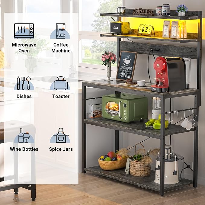 Aheaplus Bakers Rack with Power Outlet, Microwave Stand, 5 Tiers Coffee Bar Station with Led Lights, Kitchen Storage Shelf with 6 S-shaped Hooks, Kitchen Rack Coffee Bar Stand, Grey Oak