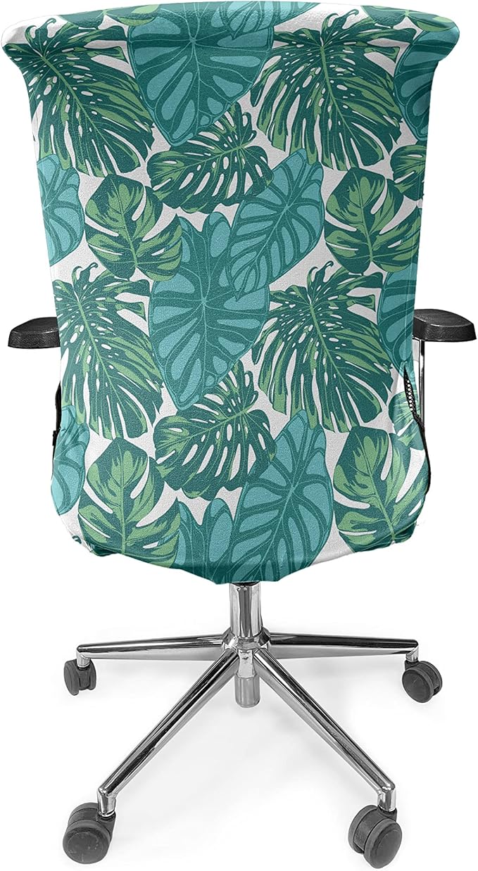 Ambesonne Exotic Office Chair Cover, Continuous Jungle Foliage Pattern with Tropical Leaves, Stretchable Decorative Universal Size High Back Printed Slipcover, Dark Teal