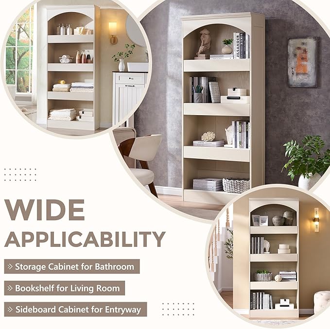 IFGET 76" Tall Arched Bookcase with 1PC Magnetic Lock Drawer, Modern Wooden Arch Bookshelf w/3 Pull-Out Drawers, Farmhouse 4 Tiers Book Shelf w/Open Shelves for Living Room, Office (Cream)