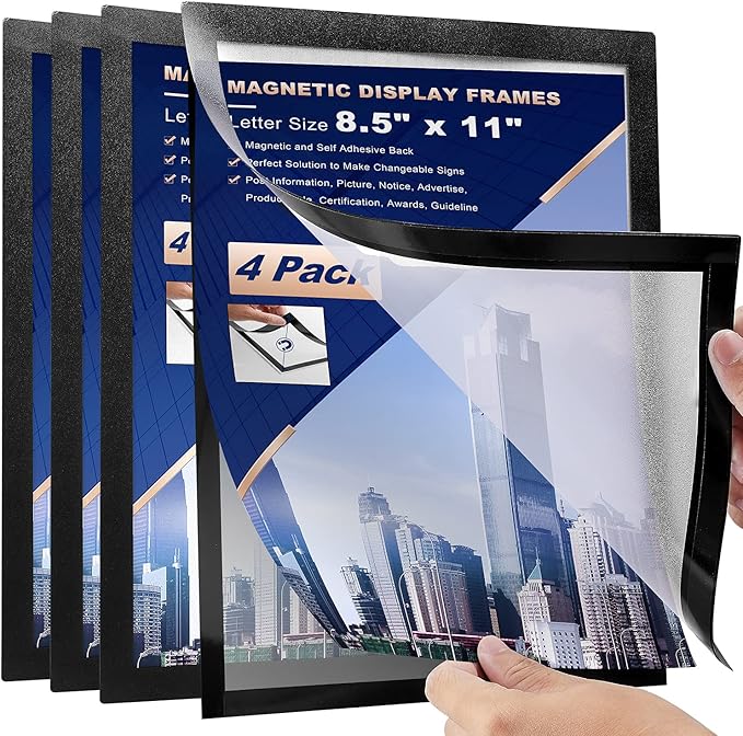 4Pcs Magnetic Signs Holder, For 8.5" x 11" Letter, Sturdy PVC Magnetic Document Holder, Magnetic Picture Poster Frame, Can Self-Adhesive Wall/Door/Window or Magnetic for Refrigerator