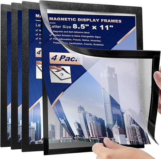 4Pcs Magnetic Signs Holder, For 8.5" x 11" Letter, Sturdy PVC Magnetic Document Holder, Magnetic Picture Poster Frame, Can Self-Adhesive Wall/Door/Window or Magnetic for Refrigerator