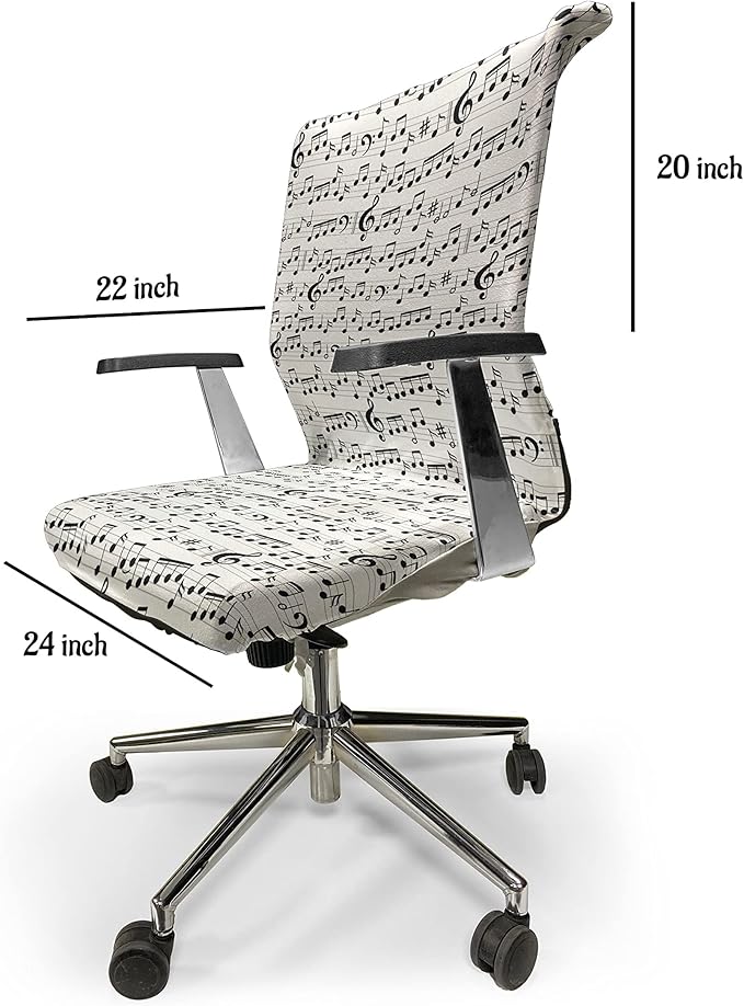 Ambesonne Music Office Chair Cover, Abstract Style Professional Pattern Notes and Clef Sheet Play Writing Print, Stretchable Decorative Universal Size High Back Printed Slipcover, Black and White