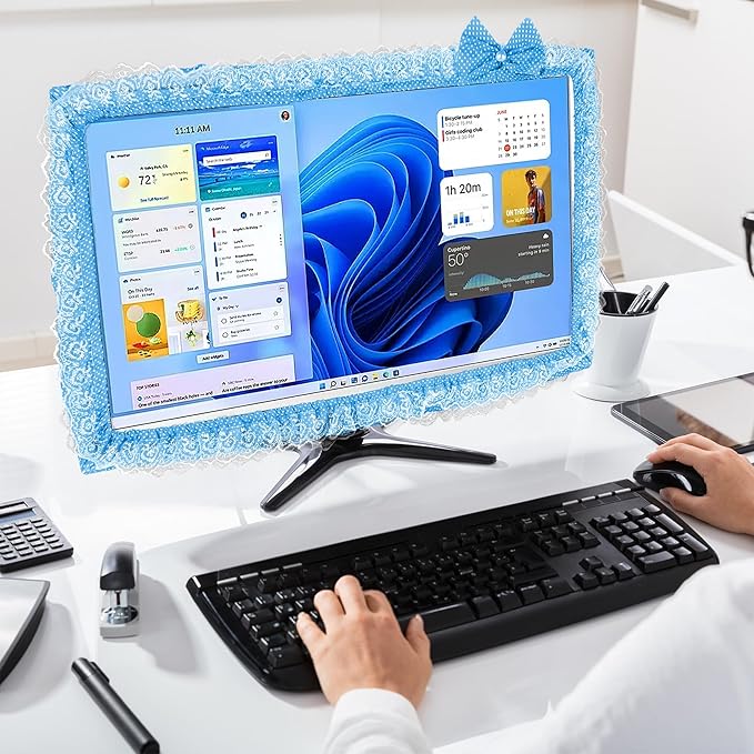 2 Pack Cute Computer Monitor Cover, 23''-26'' Elastic Monitor Dust Cover with Bow Knot, Lovely Monitor Accessories Screen Monitor Decoration for Tablet (Blue)