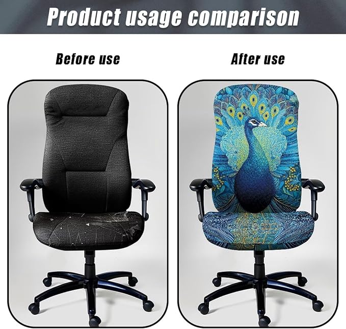 Talayituse Blue Peacock Print Office Chair Covers, Stretch Computer Chair Cover, Universal Boss Chair Covers Modern Simplism Style High Back Chair Slipcover, Small
