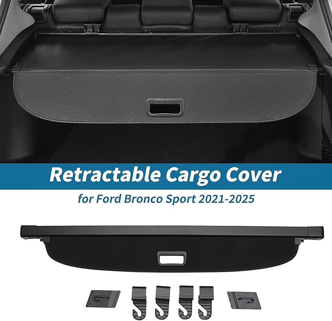 Retractable Cargo Cover for Ford Bronco Sport 2021-2025 Rear Trunk Luggage Security Shield Shade Privacy Screen Cover Parcel Shelf Waterproof Black
