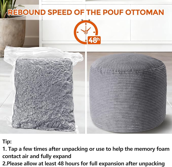 26" x 26" x 18" Pouf Ottoman Foot Rest, Pre-Stuffed Round Foot Stool with Odorless Shredded Memory Foam, Furry & Fluffy Corduroy Footrest for Living Room, Dark Grey