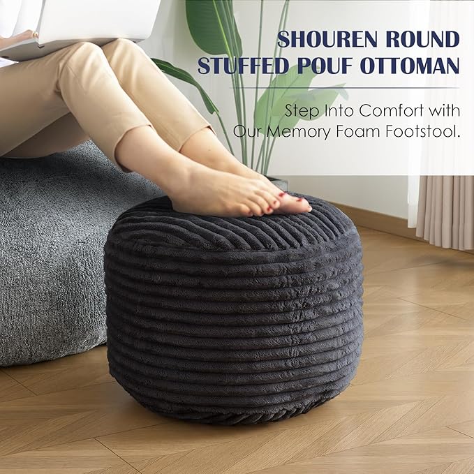 SHOUREN Stuffed Round Pouf Ottoman,Corduroy Foot Rest with Shredded Foam Filling, Lightweight and Fluffy Pouf Storage Ottoman for Living Room,Floor Poufs for Couch,20"x15", Dark Grey