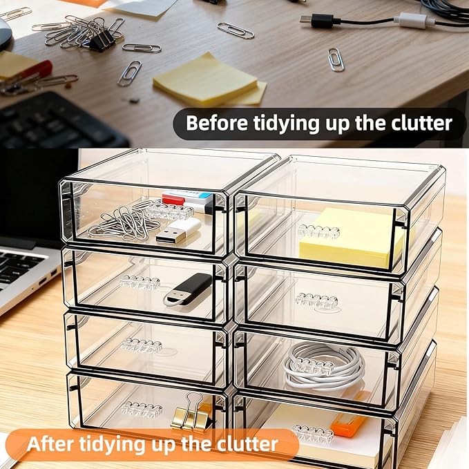 Drawer Organizers, Clear Stackable Storage Boxes for Kitchen Utensils, Office Desk, Bathroom, Makeup & Craft Drawer Organization (Small - 8 Pack)