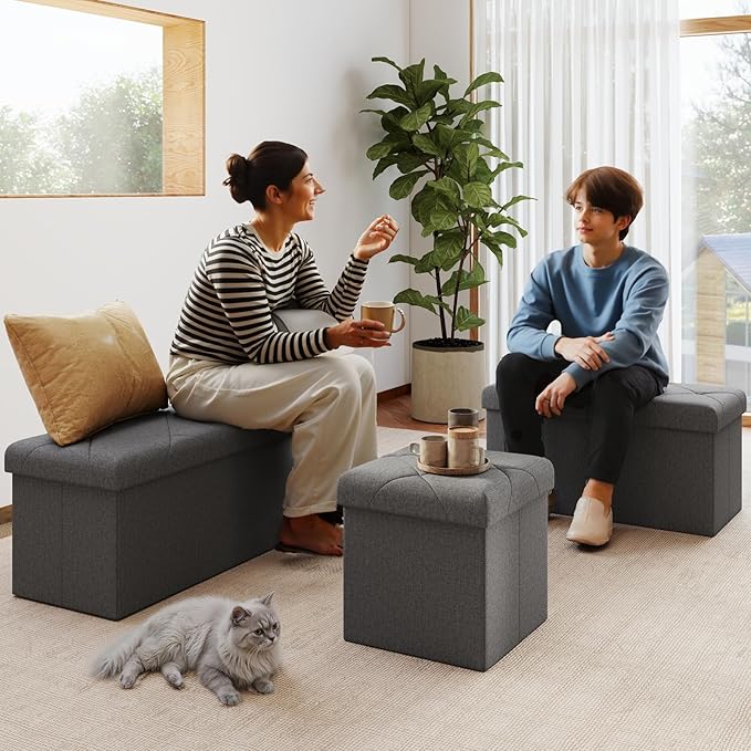 30W Folding Ottoman with Storage Bench,Storage Ottoman Bench,15W Inches Ottoman Foot Rest,End of Bed Bench,Support 660LBS Foot Rest Stool for Living Room,Bedroom,Dark Gray（30W+30W+15W