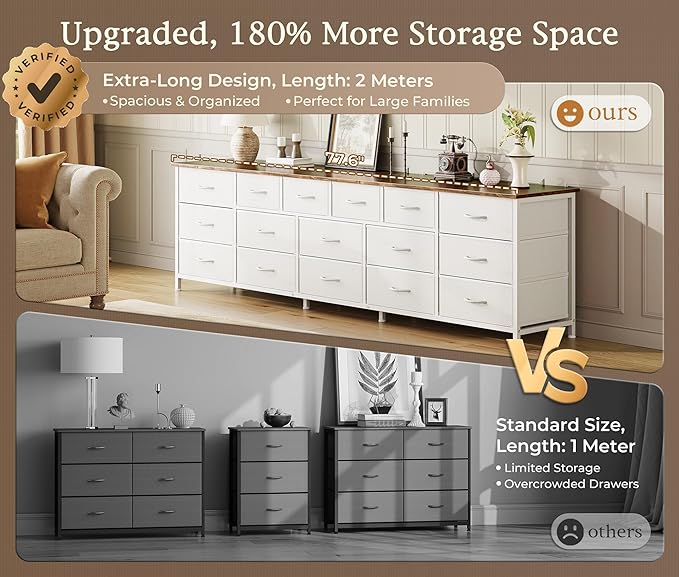 Huuger 77.6" Long Dresser for Bedroom, 16 Drawer Fabric Dresser for Closet, Wide Chest of Drawers with Storage, TV Stand for 65, 75, 85 Inch TV, 77.6" W x 12.9" D x 26.7" H, Farmhouse White