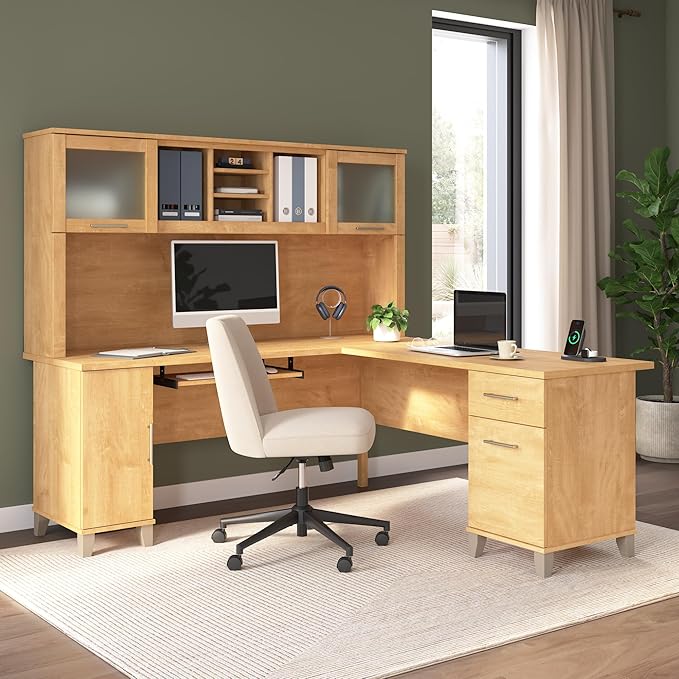 Bush Home 72-Inch L-Shaped Desk with Hutch, Corner Computer Office Desk with File and Box Drawers, Shelves and Storage Cabinet, Home Office Workstation, Somerset Collection, Maple Cross