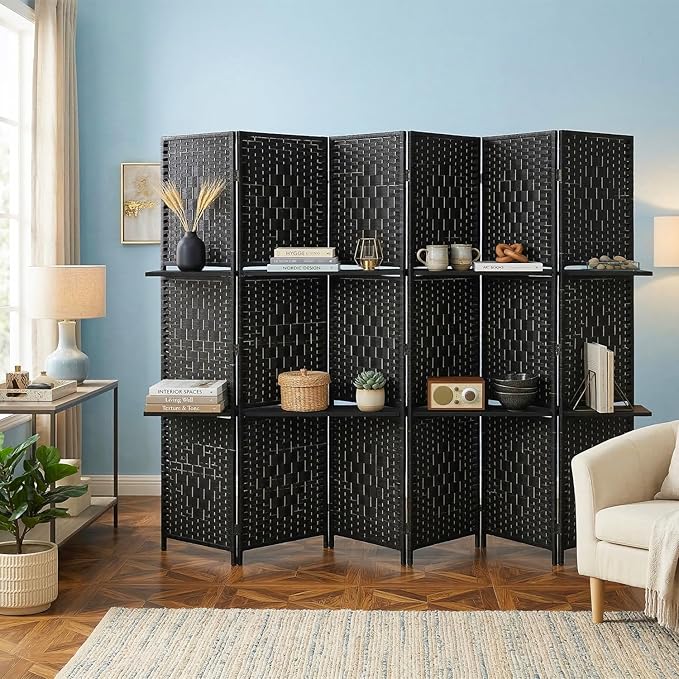 FDW 6 Panel Wood Room Divider - Foldable & Flexible Freestanding Screen, Easy Storage Partition Wall for Home Living Room, Dark Black