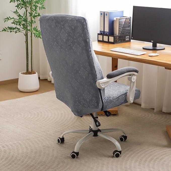 FORCHEER Large Office Chair Cover Velvet Embossing Dark Grey Stretch Slipcover for Desk Computer Chairs with Arm Removable Washable（ 1 Piece）