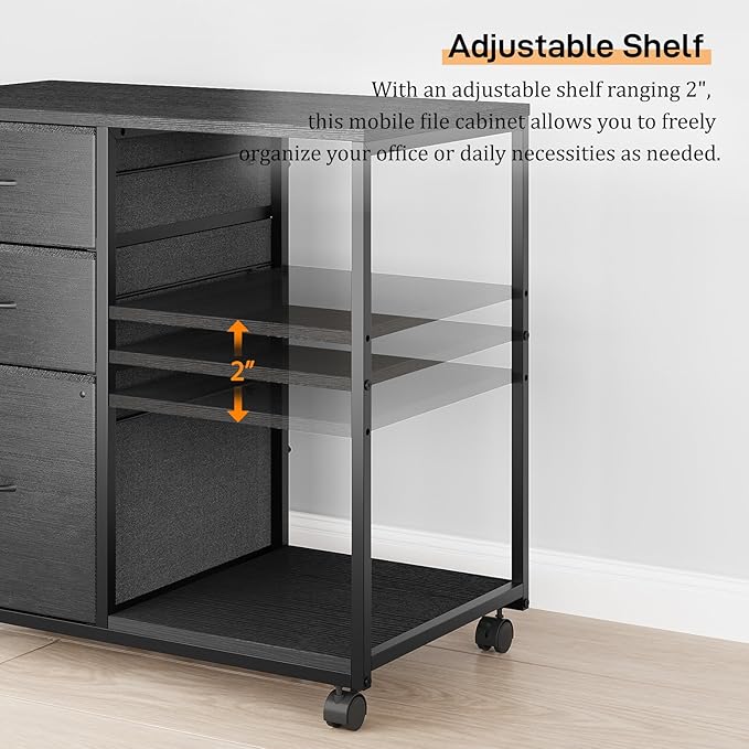 VINGLI 3 Drawer File Cabinet with Wheels Under Desk Printer Stand, Rolling File Cabinet with Shelves Adjustable, Mobile Lateral Filing Cabinet for Home Office, Fits Letter Size, Black