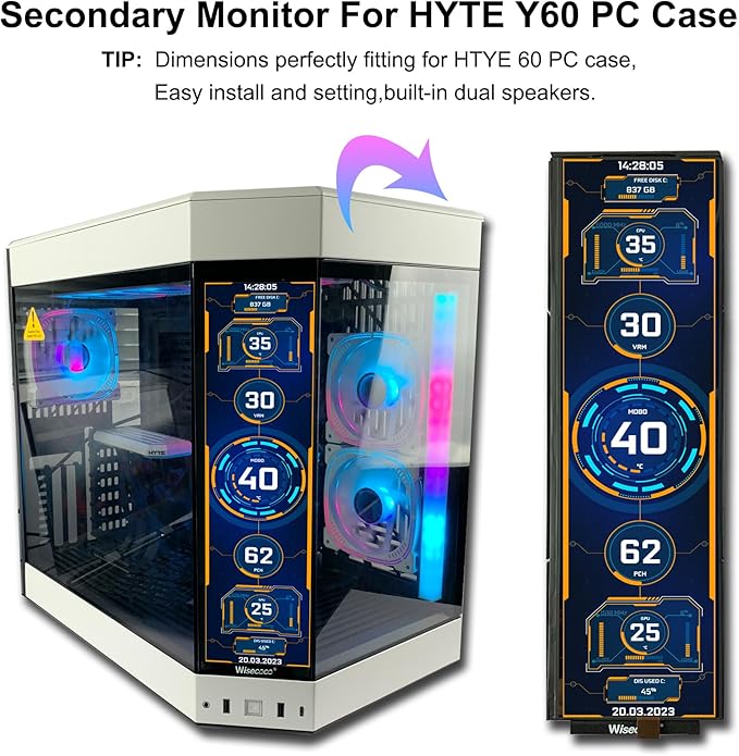 wisecoco 12.6 Inch Bar LCD Screen HDMI Display Monitor 1920x515 IPS DIY Kits Dual Built-in Speakers for Hyte Y60 Computer Gaming PC Case CPU GPU Secondary Monitor Easy Install Black
